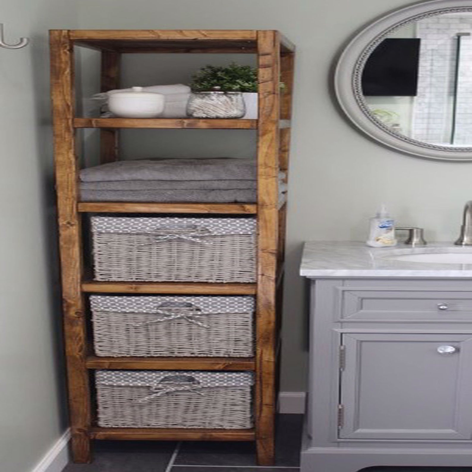 DIY Wooden Bath Tower, Wooden Bath Shelf, Farmhouse Linen Tower, Woodworking Kitchen Bath Shelf ...