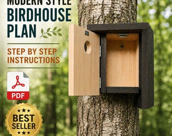 Birdhouse Plan PDF DIY Wooden Outdoor Nest Box Modern Bird House Blueprint
