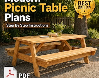 Progetti per tavolo da picnic moderno in PDF, panchina in legno da esterno, mobili fai da te, download digitale