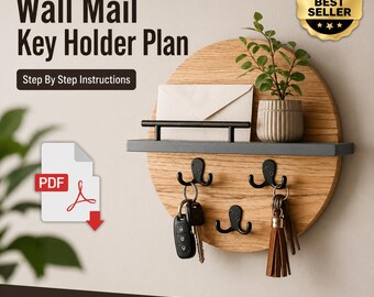 Black Wooden Key Holder Wall Mount With Mail Organizer & Storage Drawer - 8 Hook Entryway Solution
