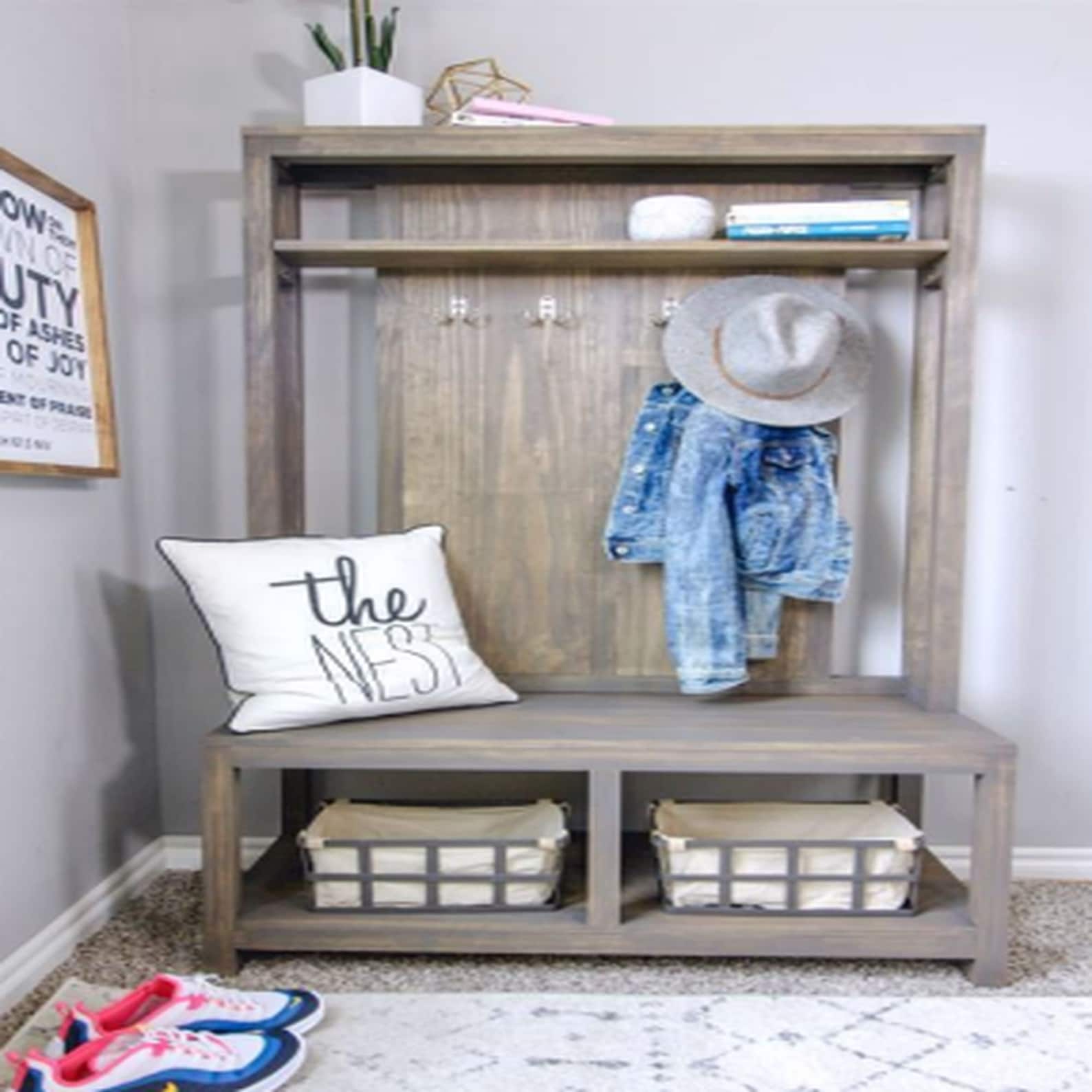 DIY Modern Hall Tree Bench, Coat Rack, Woodworking Hanger