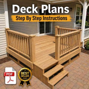 May include: A wooden deck with railings and steps, featuring the text "Deck Plans Step By Step Instructions." A PDF icon and a "Best Seller" badge are also visible. The deck is constructed with light brown wood.