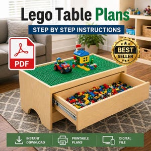 Könnte beinhalten: Ein hölzerner Lego-Tisch mit grüner Lego-Basis, einer ausziehbaren Schublade voller bunter Steine und einem Lego-Haus und -Auto oben. Der Text "Lego Table Plans" und "Step by Step Instructions" sind zu sehen. Bestseller.