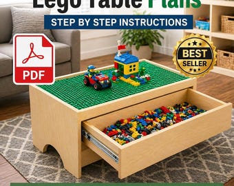 May include: A wooden Lego table with a green Lego base, a pull-out drawer filled with colourful bricks, and a Lego house and car on top. The text "Lego Table Plans" and "Step by Step Instructions" are displayed. The table is a best seller.