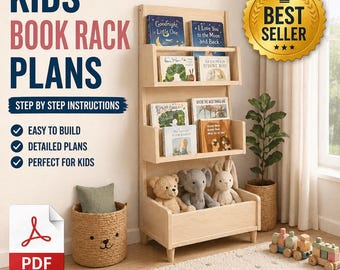 Kids Book Rack Plans PDF Toy Storage Shelf Wooden Organizer Digital Download