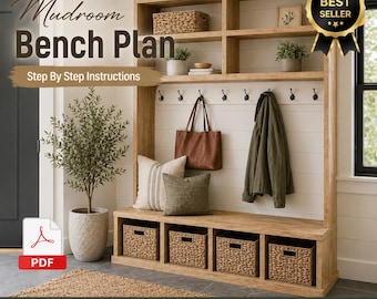 Mudroom Bench Plan PDF DIY Entryway Storage Coat Rack Hutch Woodworking Blueprint