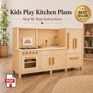 May include: A wooden play kitchen for children, featuring a stove, sink, and fridge. The set includes a rainbow picture and the text "Kids Play Kitchen Plans - Step By Step Instructions". A gold "Best Seller" seal is also visible.