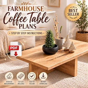 May include: A light brown, rectangular coffee table with the text "FARMHOUSE Coffee Table PLANS" and "STEP BY STEP INSTRUCTIONS". The image also shows a small potted evergreen tree, decorative trees, and a PDF icon.