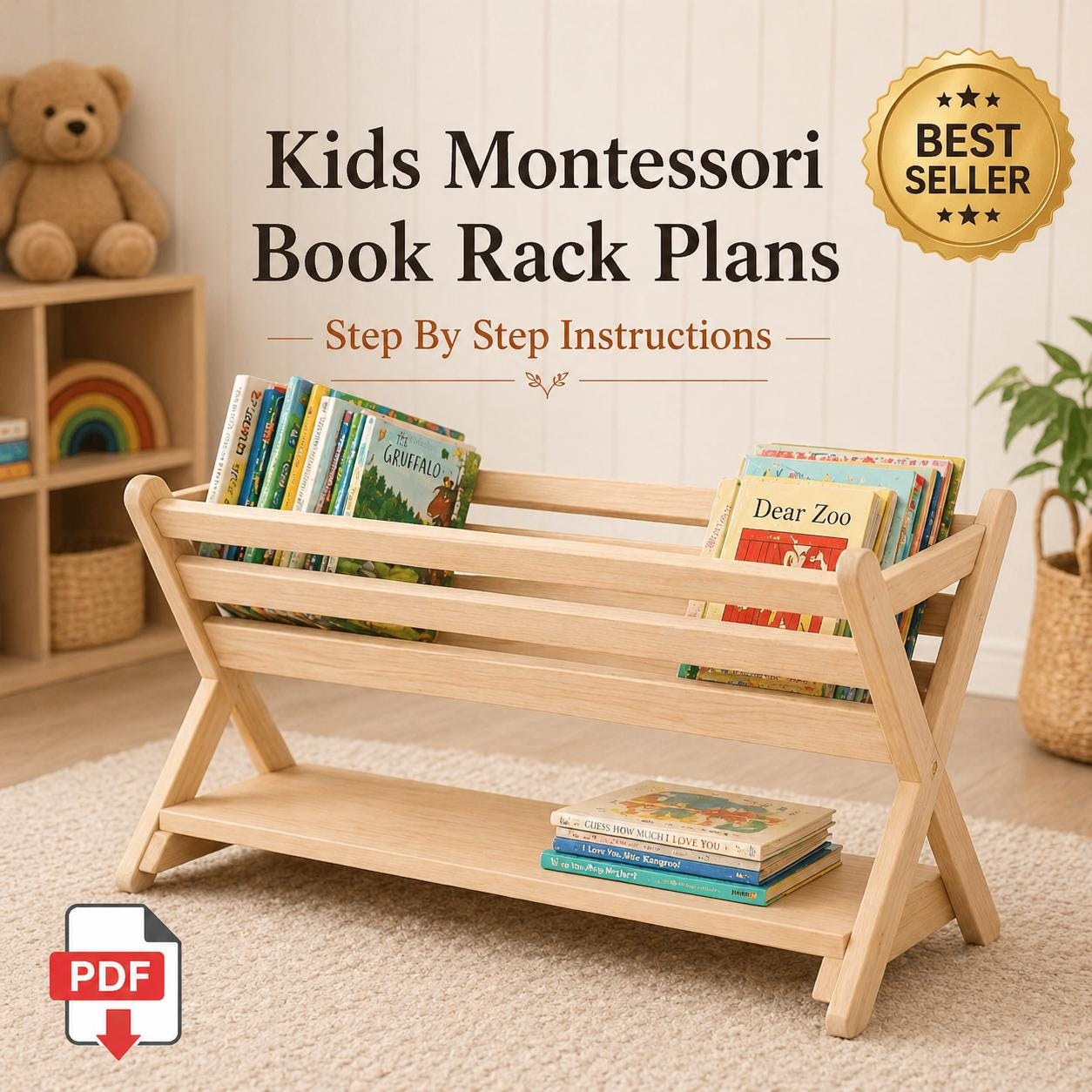 Montessori Book Rack Plans PDF Kids Bookshelf DIY Woodworking Template ...