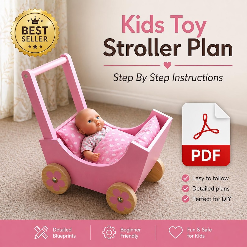 Pram Project DIY Wooden Doll Pram Plans PDF | Kids Toy Stroller Woodworking Project ...