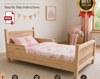 Toddler Bed Plan PDF DIY Wooden Kids Floor Bed Frame Blueprint Guard Rails
