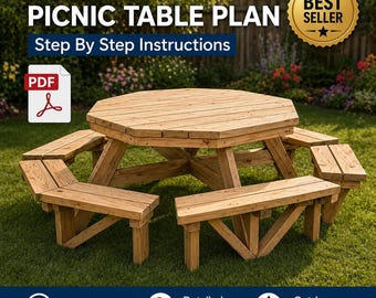 Oktagon Picknicktisch Pläne PDF Outdoor Holzbank Sitzbank DIY Digitaler Download