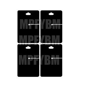 May include: Four black card hang tags with a hole at the top and the text "MPFYBM" printed in white.