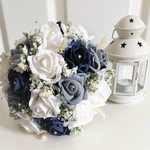 Navy Blue & Grey Rose Bouquets, Buttonholes, Corsages, Flower Girl Wands.