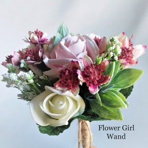 Dusty Pink Wedding Bouquet - Artificial Silk Roses With Peach & Ivory Accents, Bride Or Flower Girl