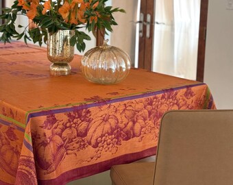 Williams Sonoma Jacquard Tablecloth Copper Pumpkin & Turkey Linen