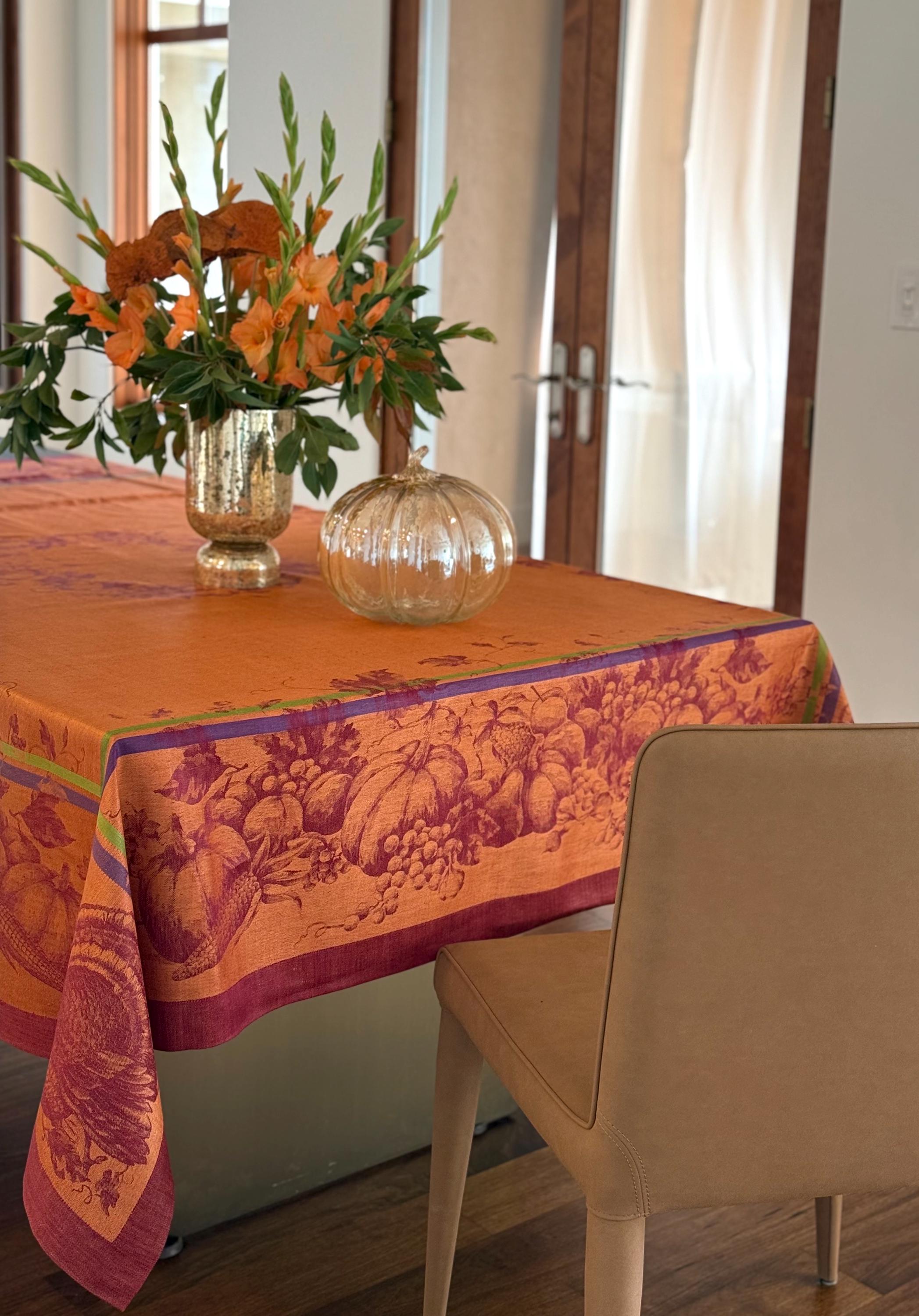 Williams Sonoma Jacquard Tablecloth Copper Pumpkin & Turkey Linen