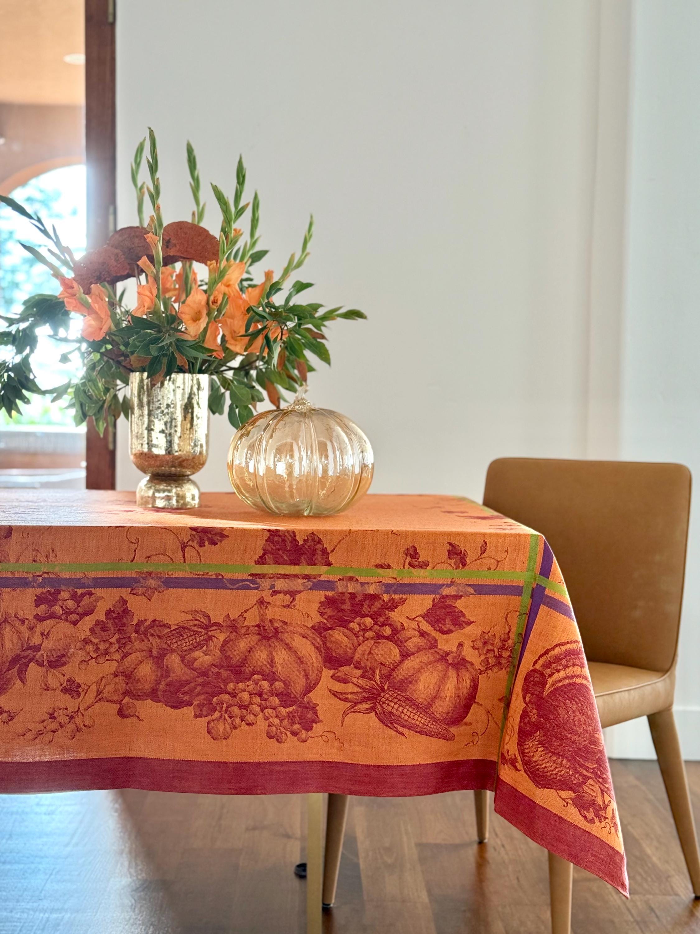 Williams Sonoma Jacquard Tablecloth Copper Pumpkin & Turkey Linen