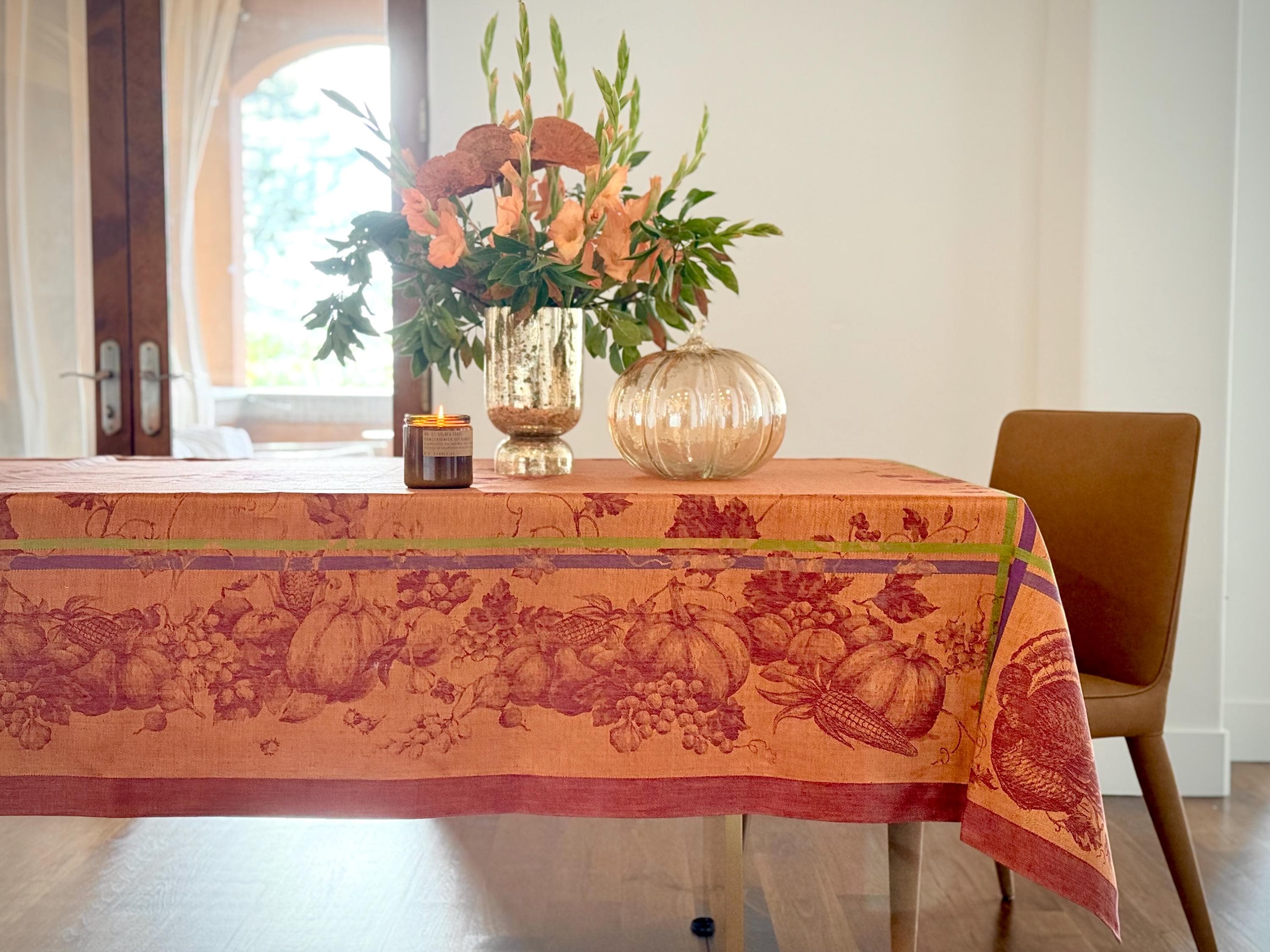 Williams Sonoma Jacquard Tablecloth Copper Pumpkin & Turkey Linen