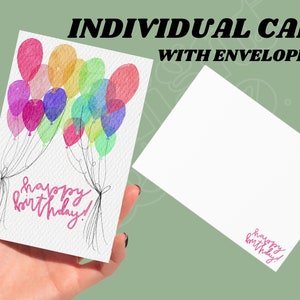 Cartão de aniversário com balões individuais e envelope combinando | Cartão de feliz aniversário | Para ele | Para ela | Aquarela | Cartão de felicitações engraçado |