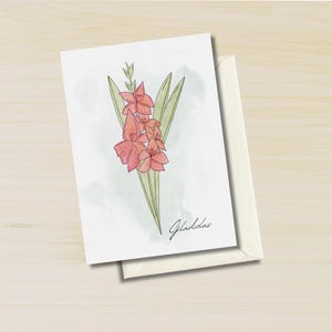 Cartão de aniversário de agosto, cartão de aniversário de gladíolo, mês de nascimento, buquê, impressão, tatuagem, dia dos namorados, cartão de amizade, conjunto de cartões de nota