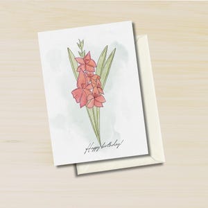 Cartão de aniversário de agosto, cartão de aniversário de gladíolo, mês de nascimento, buquê, impressão, tatuagem, dia dos namorados, cartão de amizade, conjunto de cartões de nota