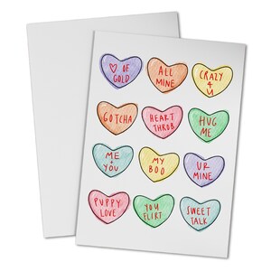 Tarjeta de San Valentín con corazones de caramelo para novio y novia, única, con acuarela, artística, de último minuto, de compromiso, de felicitaciones y con momentos destacados