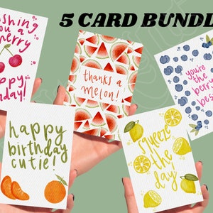 Paquete de tarjetas de verano I / Tarjetas variadas para el verano / Tarjetas de frutas / Cumpleaños adorable / Gracias por un melón / Aprieta el día / Regalo de cumpleaños /