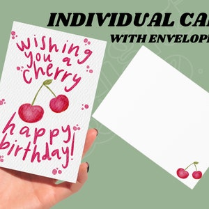 Cartão de aniversário individual de cereja com envelope combinando | Cartão de feliz aniversário | Para ele | Para ela | Aquarela | Cartão de felicitações engraçado |