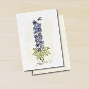 Cartão de aniversário de julho, cartão de aniversário Larkspur, mês de nascimento, buquê, impressão, tatuagem, dia dos namorados, cartão de amizade, conjunto de cartões de nota