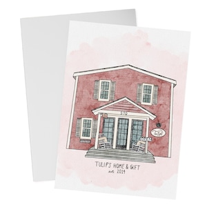 Tulip's Small Business Architectural Sketch Art Building Home Venue Cartão de aquarela Gráfico Tulip's Norman Oklahoma Campus Corner University
