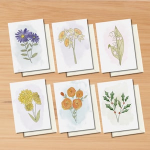 Cartes de correspondance aquarelle bouquet floral botanique de fleurs sauvages, coffret cadeau de 12 cartes, stock important de cartes vierges, voeux, merci, anniversaire, mères