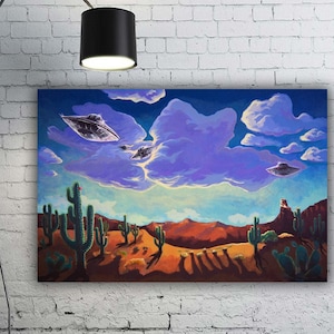 UFO Alien Print , Trippy, Southwestern, Large size, 24 x 36&#39;&#39; Flying Saucer, Desert landscape Print, Ufo Wall Art, Ufo Landscape Home Decor,