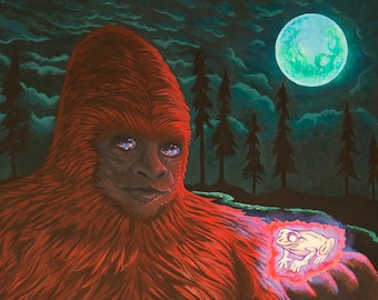 Sasquatch 'Midnight Charge'-kunstprint, Bigfoot Trippy Cryptid-poster (digitale download)