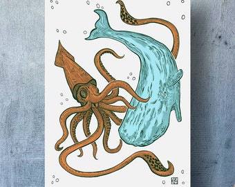 Giant Squid / Sperm Whale / Digital Download / Minimalist / Wall Art / POD / 5 HQ files included / Undersea Decoration