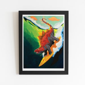Stegosaurus - Dinosaurier Kunst - surfender Dinosaurier - Wandkunst - Wohnkultur - Surfing Poster - Good vibes 9 x 12&#39;&#39;