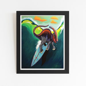 Surfing, Parasaurolophus, Surfing, Dinosaurier, Print, 23 x 32 cm, Wandkunst, Home Decor, Surfing Poster, Good vibes,