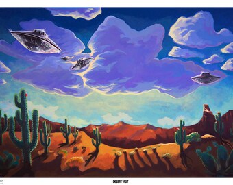 UFO Desert Landscape Art Print, Surreal Arizona Painting (Digital Download)