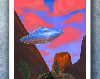 UFO Desert Landscape Art Print, Surreal Alien Encounter (Digital Download)
