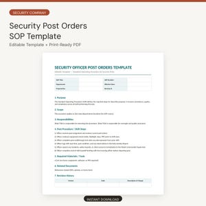 Pode incluir: Um modelo de documento digital intitulado Security Post Orders SOP Template, com seções para título, número, departamento, data, preparador e revisão. Inclui etapas numeradas para propósito, escopo, responsabilidades e procedimentos.