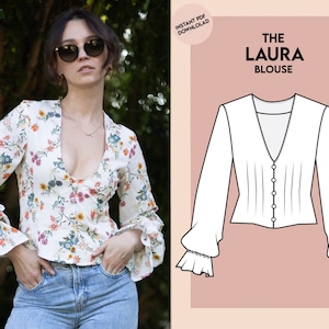 May include: A white blouse with a deep V-neckline and long sleeves. The blouse has a fitted bodice and a ruffled trim on the sleeves. The text "THE LAURA BLOUSE" is displayed above the blouse.