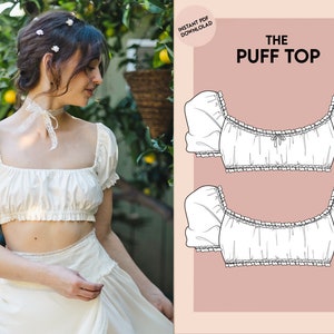 Pode incluir: Um padrão de costura digital para um top bufante com mangas curtas. O padrão inclui duas vistas do top, uma com um laço e outra sem. O texto "The Puff Top" está impresso no padrão.