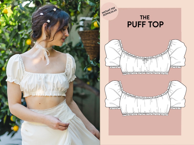 May include: A digital sewing pattern for a puff top with short sleeves. The pattern includes two views of the top, one with a bow and one without. The text "The Puff Top" is printed on the pattern.