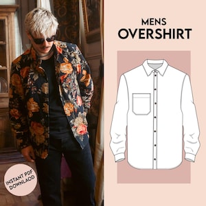 May include: A white long-sleeve shirt with a button-down collar and a single chest pocket. The shirt is labeled "Mens Overshirt" and is available for instant PDF download.