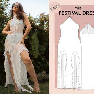 Puede incluir: Un vestido blanco de tirantes con un dobladillo con volantes y una abertura alta a cada lado. El vestido se muestra en una modelo en un entorno de jardín. La imagen también incluye una ilustración digital del patrón del vestido, etiquetado como "The Festival Dress".