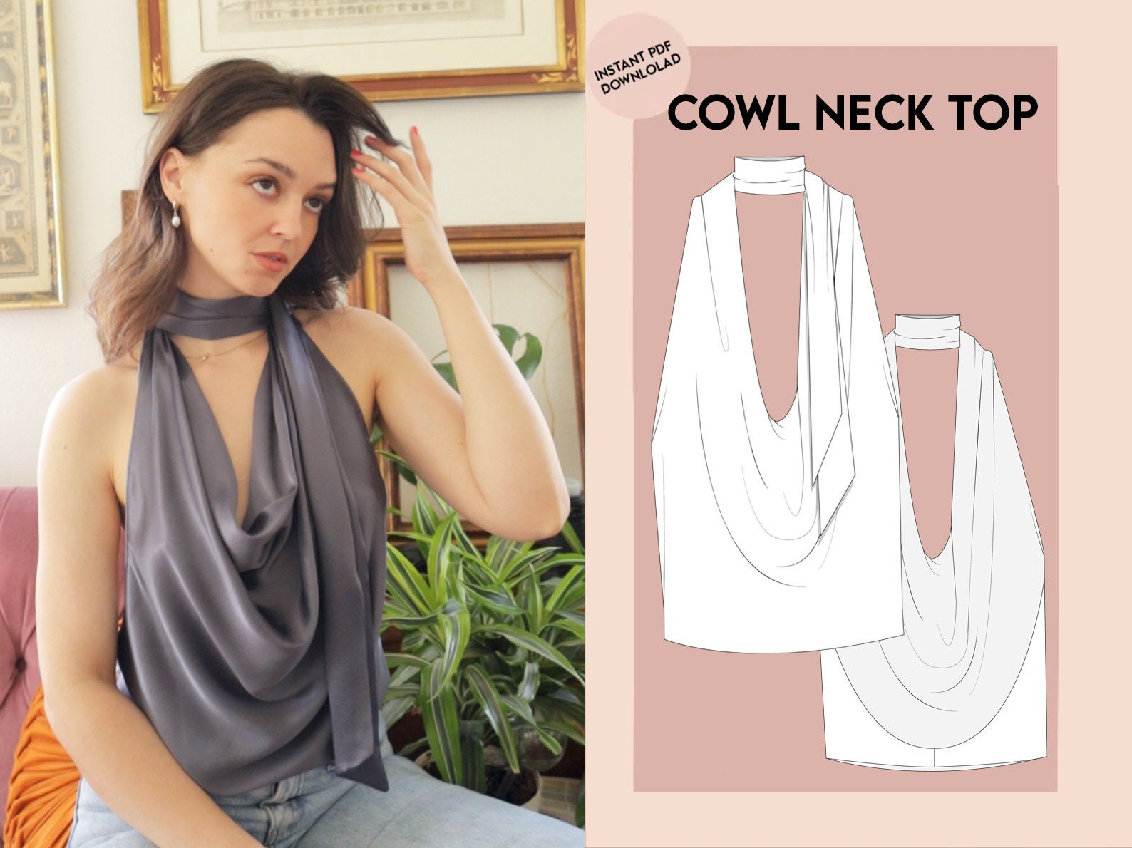 Cowl neck top - Sewing pattern - Instant PDF download
