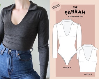 May include: A digital sewing pattern for a long-sleeved bodysuit or crop top with a V-neck and a collar. The pattern is called "The Farrah" and is available for instant download. The pattern includes two options: a bodysuit and a crop top.