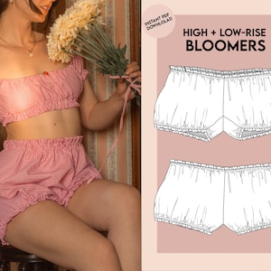 Puede incluir: Un patrón de costura digital para bombachos de talle alto y bajo. El patrón se ilustra con dos pares de bombachos, uno con talle alto y otro con talle bajo. Los bombachos son blancos y tienen un ribete con volantes.