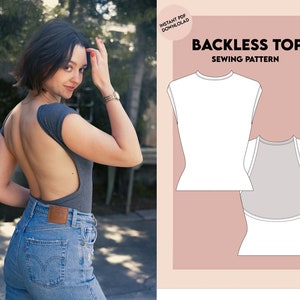 Pode incluir: Um padrão de costura para um top sem mangas com costas abertas. O padrão é mostrado em um fundo branco com uma borda rosa. O texto "Backless Top Sewing Pattern" é impresso no padrão.