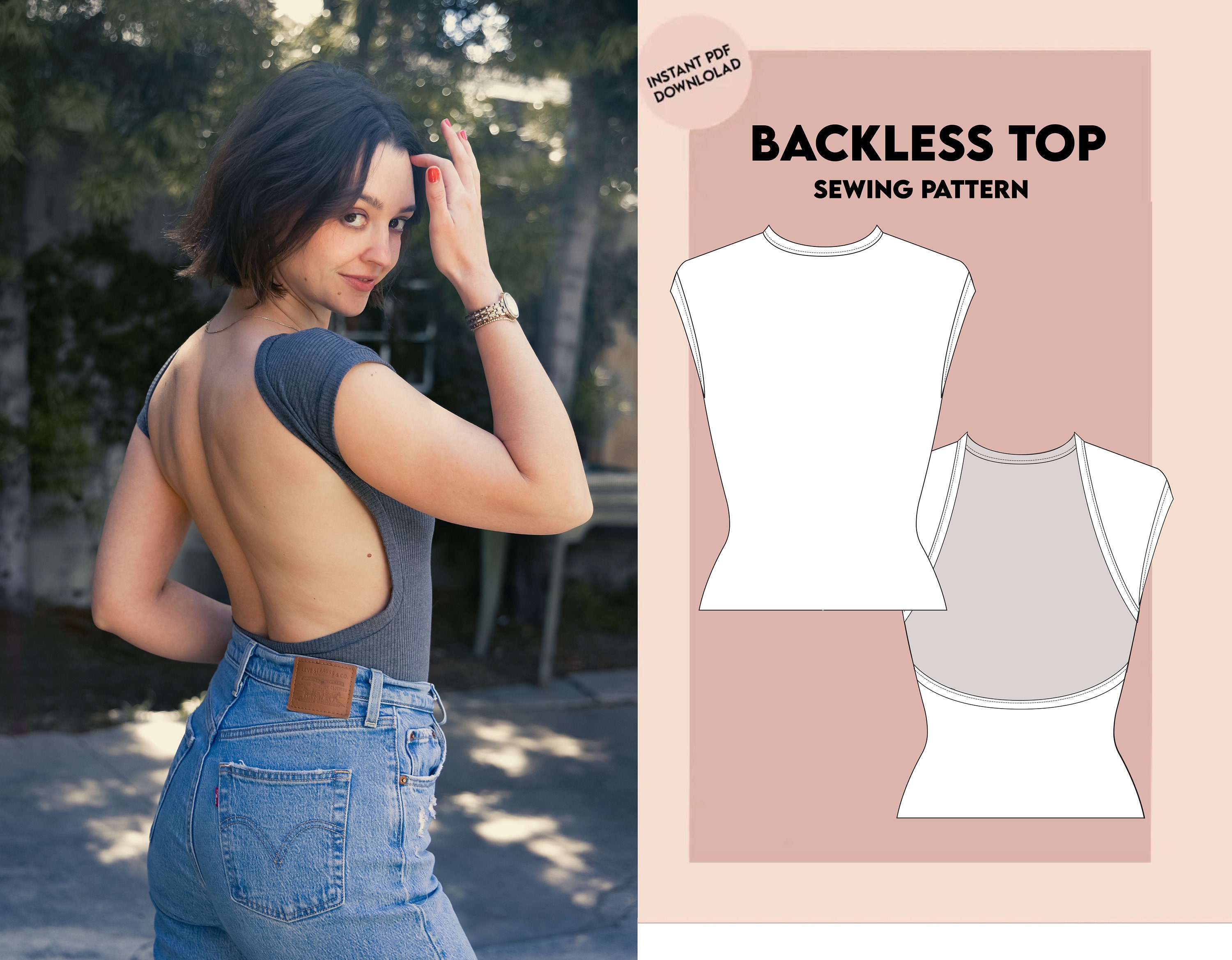 PDF Fae Top Digital SEWING Pattern Y2K Cutout Backless Crop Shirt